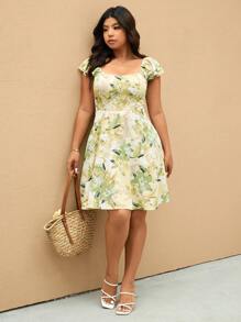 SHEIN Frenchy Plus Size Women Floral Print Back Tie Ruffle Sleeve Dress, Vacation Attire - Multicolor - View 6