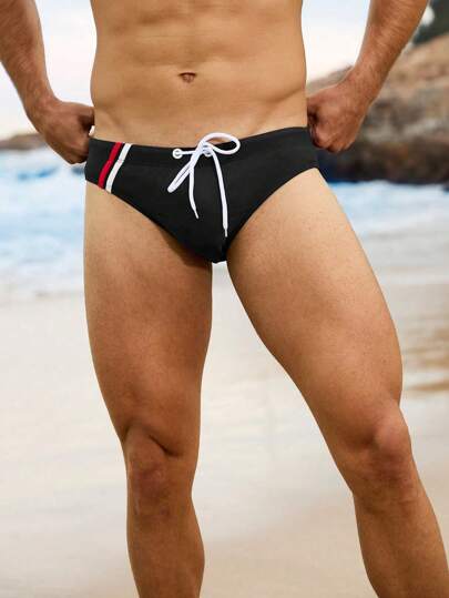 Manfinity Swimmode Men's Summer Beach Vacation Contrast Color Drawstring Waist Triangle Swim Trunks,Hawaiian