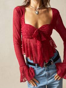 Bohemela Music Festival Solid Color Lace Long Sleeve Ladies Shirt, Summer - Burgundy - View 4