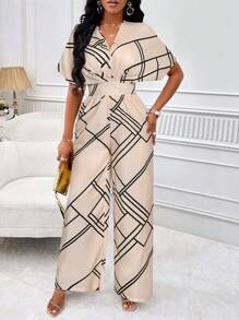 SOLERSUN Women Striped Bat Sleeve Jumpsuit (Random Print) - Apricot - View 2