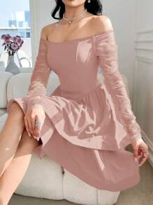 Modelyn Women's Solid Color Off Shoulder Ruched Long Sleeve Ruffle Hem Elegant Mid-Length Dress - Pink - View 4