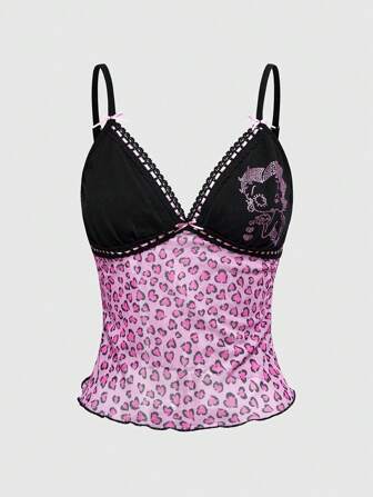 Betty Boop | ROMWE Top canotta da donna estivo con contrasto di motivo in leopardo e strass