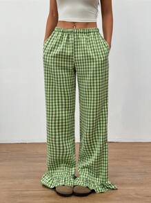 Flirla Women's Casual Green Plaid Linen Patchwork Ruched Hem Low-Waisted Side Pockets Straight Loose Pants, Minimalist Elegant Design For Spring/Summer Fall Cloth For Women