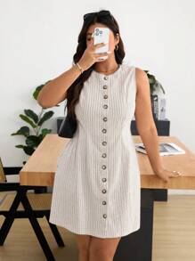 SHEIN Frenchy Plus Size Women Sleeveless Simple Striped Dress, Summer Fashion - Apricot - View 4