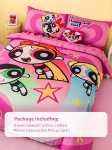 THE POWERPUFF GIRLS X SHEIN 3er Set süßer beidseitig bedruckter Bettwäsche-Set mit Herz-Cartoon-Motiv