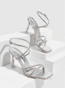 CUCCOO SZL Sandalias de mujer con puntera cuadrada y cadena de strass plateados, zapatos de vestir con tacón grueso transparente, tacones altos - Plateado - Ver 2