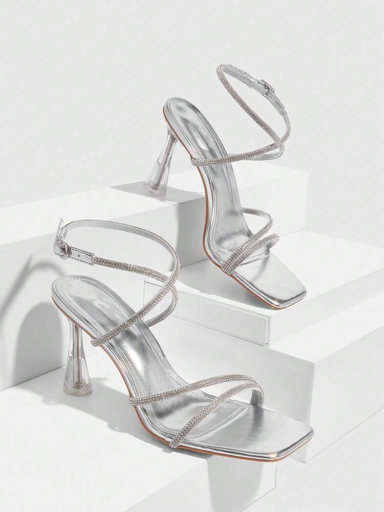 CUCCOO SZL Women Square Toe Sandals With Silver Rhinestone Chain, Transparent Chunky Heel Party Dress Shoes, High Heels