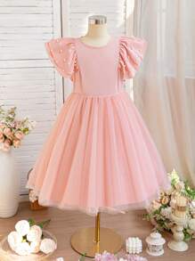 SHEIN Glamorique Kids Vestido de niña con mangas de malla con cuentas de perlas, el diseño de perlas se ve noble y elegante, adecuado para fiestas, reuniones y varias ocasiones, mostrando una noble gracia