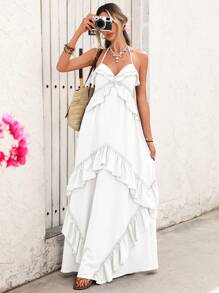 SHEIN VCAY Women's Solid Color Ruffle Backless Maxi Vacation Dress - White - View 4