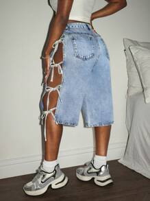 Slaydiva Plus Size Women Distressed Bowknot Detail Cropped Denim Jeans, Autumn Autumns For Women Festivals Cowboy - Blue - View 2