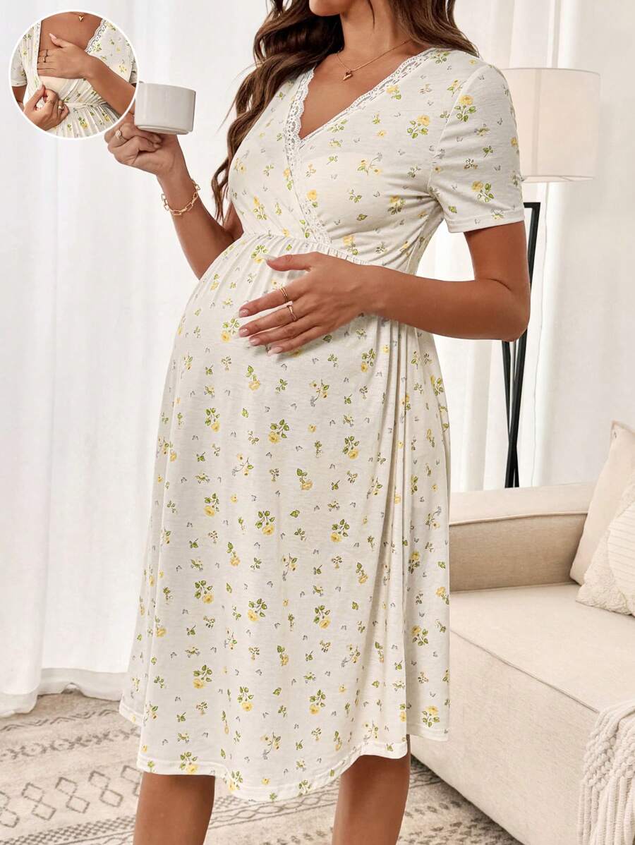 SHEIN 孕妇装、内衣和睡衣、睡衣套装、女士内衣、睡衣、睡裙、家居服、睡袍、睡袍、睡衣 - 杏色 - 查看 1