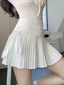 DAZY Váy xếp ly lưng cao thắt nơ ren tương phản màu trắng cho nữ, Xuân/Hè - trắng - Xem 6