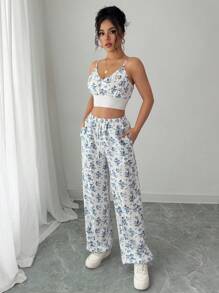 SHEIN PETITE Set de 2 piezas con top corto de tirantes con estampado y shorts de tiro alto de pierna ancha - Azul - Ver 5
