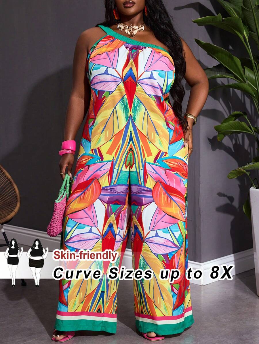 SHEIN CURVE+ Bộ đồ liền thân ống rộng không tay in họa tiết cây nhiệt đới cỡ lớn dành cho nữ khi đi nghỉ - Nhiều màu - Xem 1