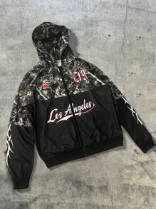 PAVTROS Men's Knitted Hoodie: Casual Style Full Zip Closure Hooded Neckline Long Sleeves Los Angeles Themed Graphic Design Multicolor Camouflage Pattern - Multicolor - View 1