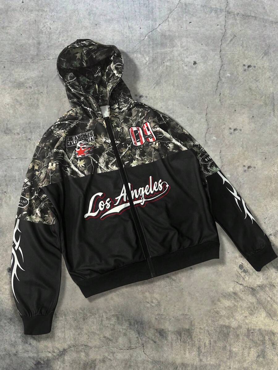 PAVTROS Men's Knitted Hoodie: Casual Style Full Zip Closure Hooded Neckline Long Sleeves Los Angeles Themed Graphic Design Multicolor Camouflage Pattern - Multicolor - View 1