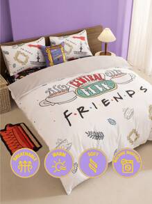 FRIENDS X SHEIN Ensemble de literie blanc avec l'impression de la tasse de café Central Perk, Cadeaux