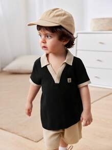 Cozy Pixies 2pcs Baby Boy Set: Ornate Decoration Colorblock Collar Short Sleeve Polo Shirt & Solid Color Elastic Waist Shorts