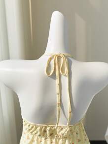 Elamini Yellow Ditsy Floral Hollow-Out V-Neck Cute & Sexy Backless Cropped Camisole, Spring/Summer