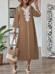 EMERY ROSE Women's Modest Khaki Midi Dress With Contrast Lace And Three-Quarter Sleeves - Khaki - View 1