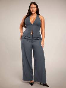 SHEIN BAE Pantalones largos de mujer de talla grande para primavera/verano, de corte holgado/ajustado, negros con bolsillos, de pierna recta y ancha, de oficina, de tiro bajo/medio, aptos para salidas de San Valentín, meriendas, trabajo, escuela, carnavales, playa, vacaciones, vuelta al cole, chica cool