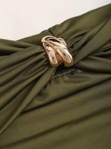 Sweetra Áo vải mềm màu xanh lá cây hở vai mới cho nữ, thiết kế gợi cảm thích hợp mặc đi làm và mặc hàng ngày, trang trí màu vàng, xuân/hè - màu xanh lá - Xem 6