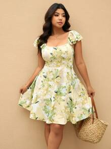 SHEIN Frenchy Plus Size Women Floral Print Back Tie Ruffle Sleeve Dress, Vacation Attire - Multicolor - View 2
