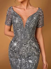 Serin Spring And Summer Elegant Romantic Dark Gray Sequins Positioning Embroidery One Shoulder Short Sleeves Slim Fishtail Hem Suitable For Dinner Bachelorette Party Date Holiday Music Festival Dance Wedding Event Bride Mother Dress, Valentine's Day Mother Of The Bride Dress - Chic Modest Lace Dress For Special Day - Grey - View 6