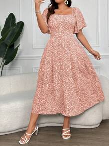 SHEIN Clasi Đầm Maxi Cổ Vuông In Hoa Cỡ Lớn Cho Nữ Trang Phục Nữ - Màu Hồng baby - Xem 4