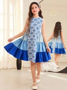 SHEIN Tweens Girls' Loose Elegant Round Neck Color Block Splice Side Layered Ruched Ombre Color Dress - Blue - View 3