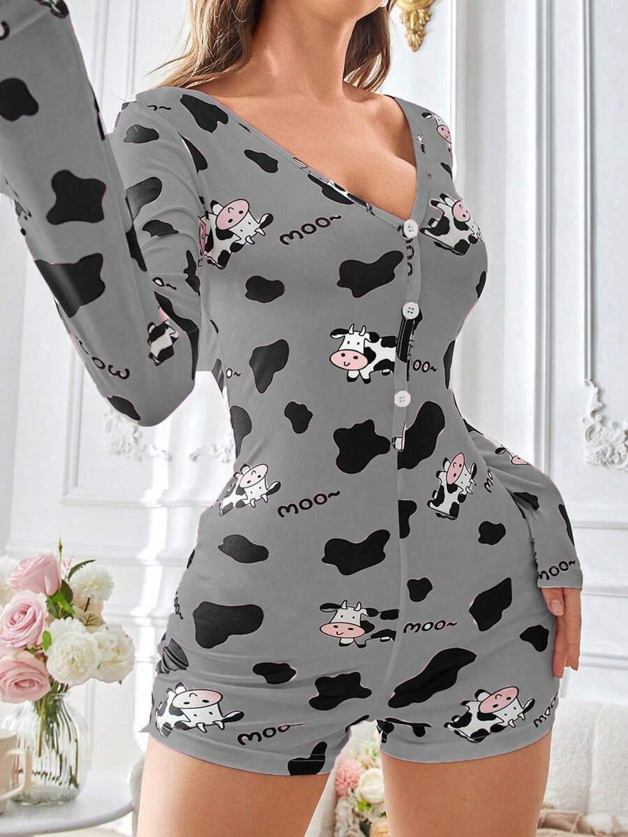 女士奶牛印花V领长袖睡衣连体裤，秋冬款 - 灰色 - 查看 1