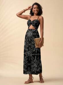 Travachic Women's Boho Maxi Dress: Black Sleeveless Spaghetti Strap Woven Fabric Dress With Twist Front Detail And Cutout Waist - Black - View 4