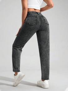 Jeanoix Casual Washed Letter Print Ripped Tapered Jeans