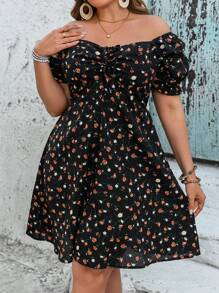SHEIN VCAY 大码女式黑色碎花甜心领抽绳短袖短款太阳裙夏季波西米亚风女装女士早午餐套装女士机场套装海滩度假套装城市休闲套装节日套装挤奶女工裙文艺复兴博览会 - 黑色 - 查看 4