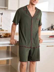 Contrast Color Collar & Cuff Open Front Single Pocket Men's Pajama Set - Olive Green - View 7