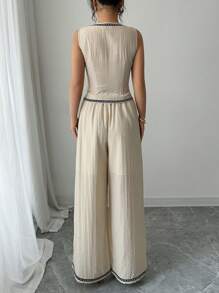 Chiquease Women's Single Breasted Vest And Pants Casual Linen-Feel 2 Pieces Set - Apricot - View 2