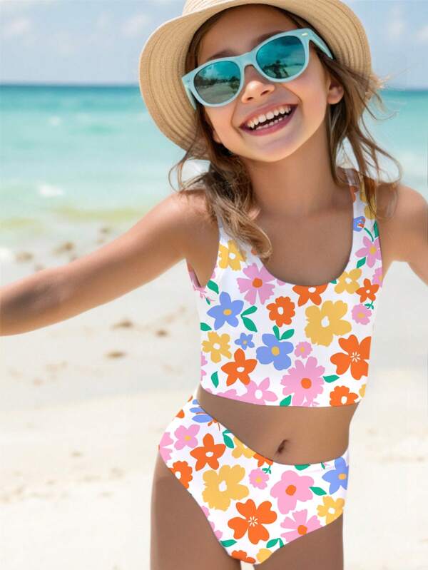 SHEIN Young Girls Flower Print Casual Minimalist Cami Top And Triangle Brief Two Pieces Swimsuit, Suitable For Summer