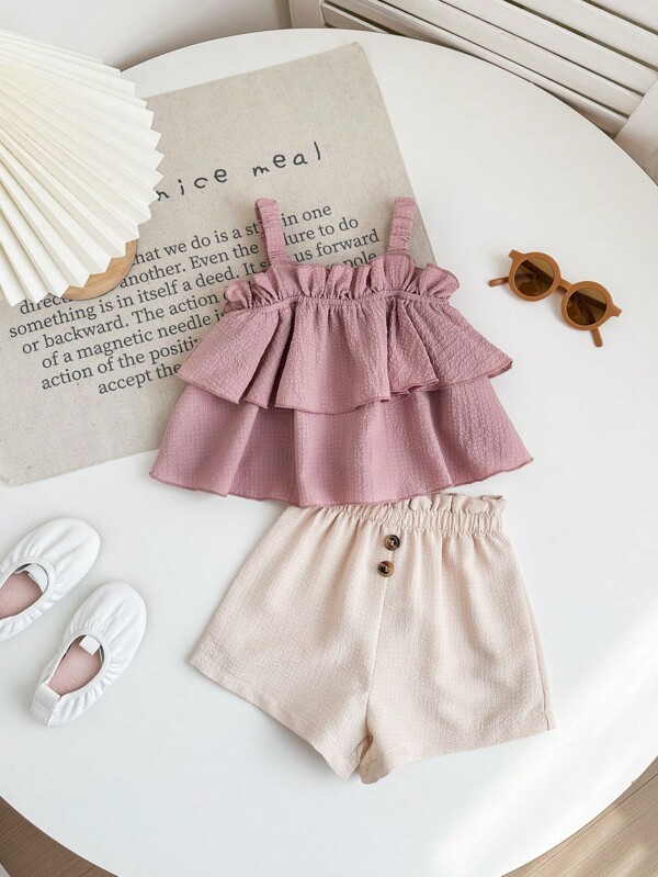 Babygirl Cute Ruffled Spaghetti Strap Vest And Shorts Summer Vacation Set