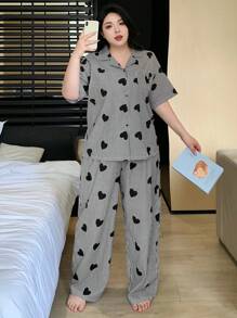 Dazy Plus 加大码两件套心形和条纹印花宽松睡衣套装，包括睡衣衬衫和裤子、服装 - 灰色 - 查看 8