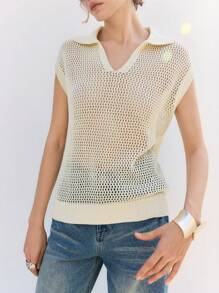 LYSMO Ladies Spring And Summer Lapel Hollow Knitted Short-Sleeved Tops, Summer Fashion Holiday Style, Simple Commuting, Suitable For Daily Wear Summer Clothes Women Tops Knit Tops Knitted Tops For Women Women Clothing Summer Tops - Apricot - View 3