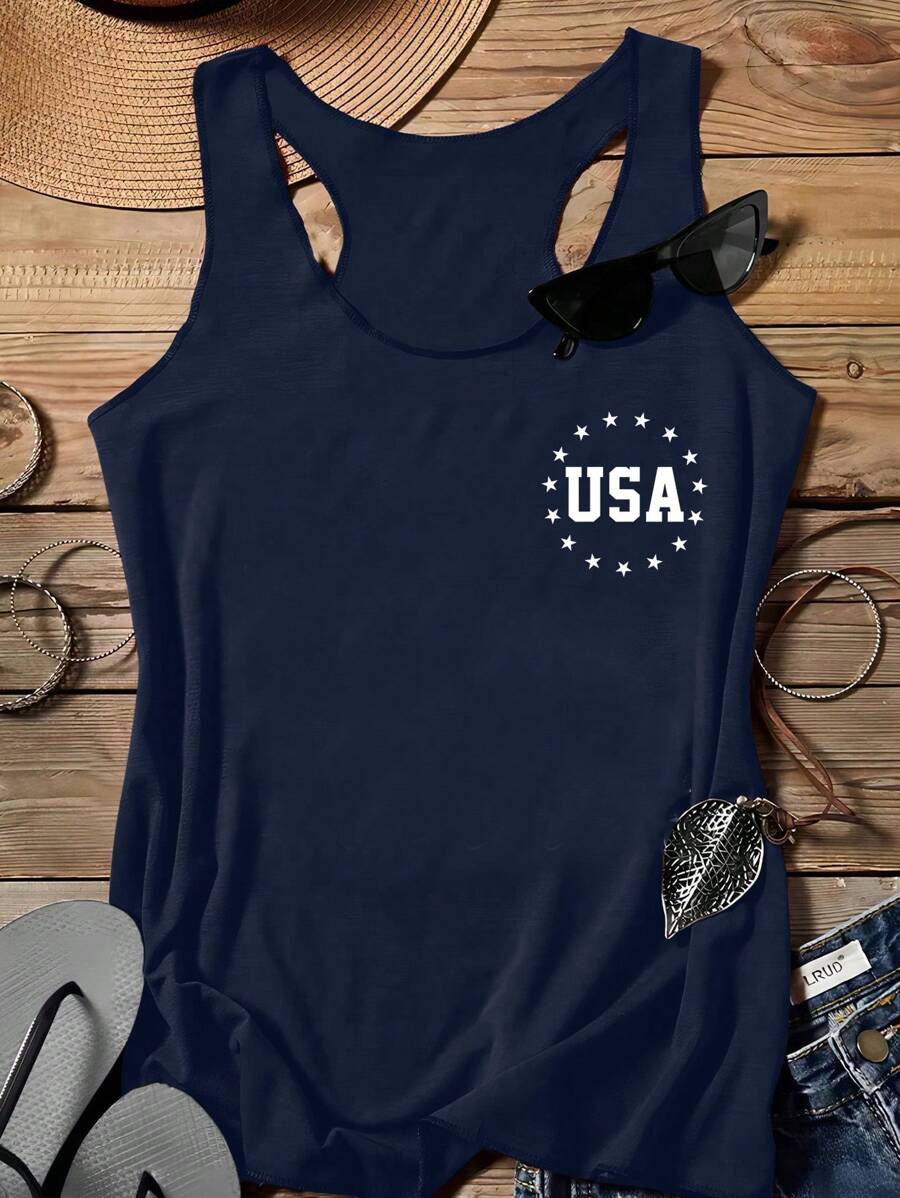 SHEIN LUNE USA Flag Graphic Crop Tank Top, Casual For Women, Suitable For Summer - Navy Blue - View 1