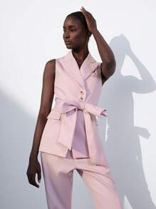 Aveloria Modichic Women's French Style Sleeveless Self-Tie Waist Minimalist Blazer Vest And Slim Fit Suit Pants Set - Pink - View 1