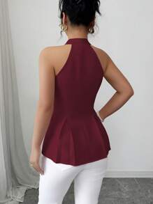 Elenzga Áo sơ mi nữ dáng chữ A không tay xếp ly cổ chữ V cài nút phía trước, giản dị, phù hợp cho công sở, đi nghỉ, mùa xuân/hè - Màu Đỏ Sâu - Xem 2