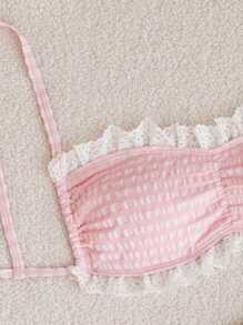 Swim Mod Bikini Set Contrast Lace Textured, Pink Girly Series Contrast Lace Trim For Summer Beach Vacation - Pink - View 7