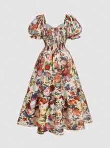 SHEIN MOD Vestido fluido de estilo vintage palaciego con cuello cuadrado y estampado, perfecto para vacaciones y atuendos de fiesta, talla grande