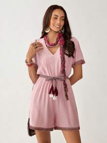 Florisole Mono bohemio con cintura ceñida y adorno floral para mujer, color rosa, para verano