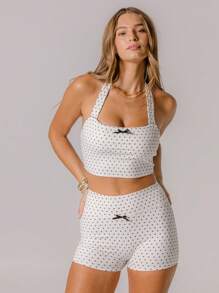 Aralina Leisurewear Polka Dot Halter Crop Top And High Waist Shorts With Bow Detail Two Pieces Set - Black and White - View 6