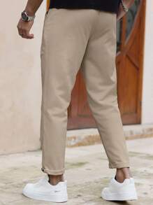 Manfinity Homme Men's Solid Color Casual Slim Fit Straight Leg Pants, Fall Khaki - Khaki - View 2