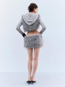 LYSMO Women's Light Grey Shaggy Mini Skirt: Chic And Playful Polyester Party Skirt With Ruched Detailing For A Stylish Night Out - Light Grey - View 2