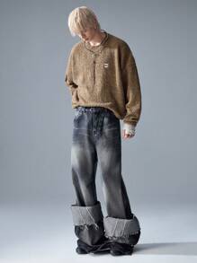 NEON BLANC 男士街头风格长袖刺绣卡其色圆领棉质毛衣，适合秋冬 - 卡其色 - 查看 6